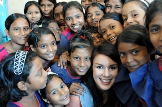 Global Mothers Co-Founder, Katie Mogan Graham, visiting girls at a school in Dhaka, Bangladesh